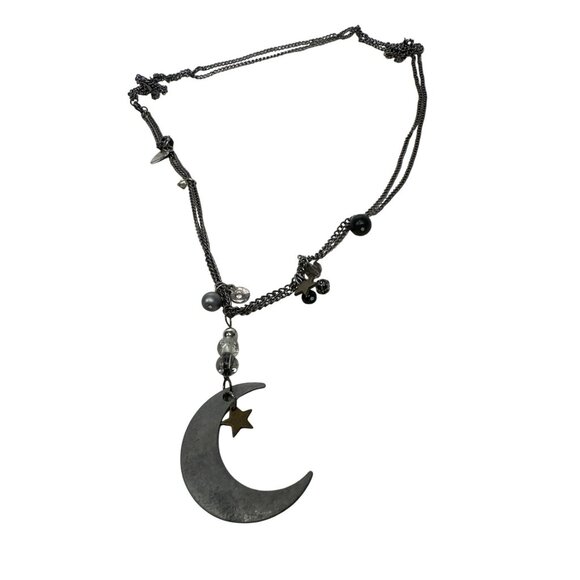 Silver-Tone Crescent Moon Pendant Necklace Celestial Witchy Stars Boho Style - Picture 1 of 3